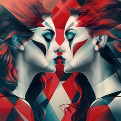 Two beautiful erotic women with long hair, facing each other and kissing, sensual dress in the style of harlequin makeup, in red, white, and blue colors.