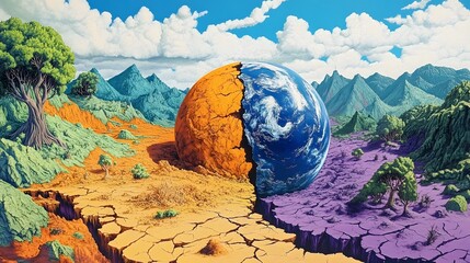 Surreal landscape of half vibrant and half cracked Earth, imaginative representation of environmental crises using bold colors and textures to convey the message.