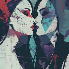 Two beautiful erotic women with long hair, facing each other and kissing, sensual dress in the style of harlequin makeup, in red, white, and blue colors.