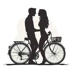 Bicycle And Couple Silhouette, Illustration Isolated On White Background
