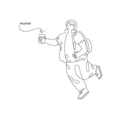 Running young man with backpack and passport isolated on white background