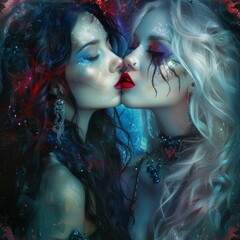 Two beautiful erotic women with long hair, facing each other and kissing, sensual dress in the style of harlequin makeup, in red, white, and blue colors.