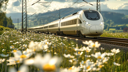 High-speed train races through a field of white and gray flowers with yellow accents under a vibrant sky, showcasing dynamic motion and rural beauty