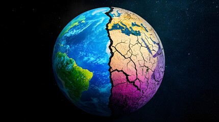 Fototapeta premium Split image of Earth: vibrant on one side, cracked on the other, visually portraying environmental challenges through contrasting colors and textures.