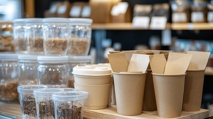 Close up view of various eco friendly packaging alternatives like paper and glass containers displayed on shelves in a retail store or market
