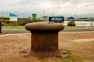 Old mooring bollard once used for securing a ship to the quayside in Belfast Docks