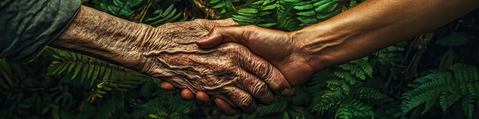 Fototapeta premium Two elderly hands, gnarled with time, clasped tightly together against the backdrop of a lush forest, with towering trees and vibrant green foliage.