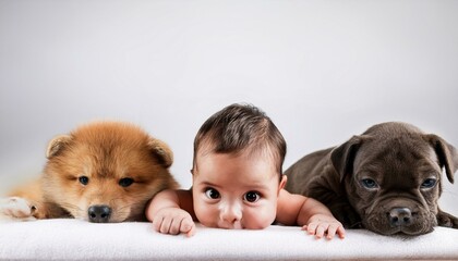 A baby and two puppies lying on the floor together isolated on white background with copy space to add text.