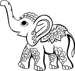 Cute ornamental black outline baby elephant illustration