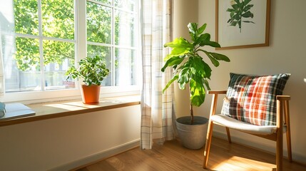 Fototapeta premium Cozy and bright room with patchwork curtains made from discarded clothing surrounded by vintage furniture plants and other warm decor elements creating a comfortable and sustainable living space
