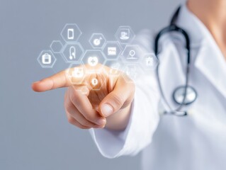 healthcare professional interacting with digital medical icons
