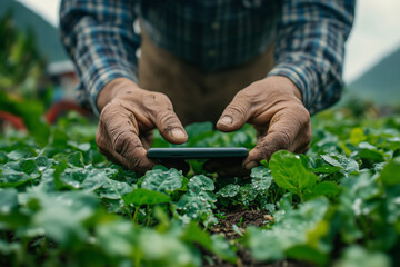 Close-up of farmers engaged with mobile devices in lush green field