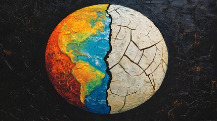 A split image of Earth: vibrant on one side, cracked on the other, visually portraying environmental challenges, bold colors and textures creating a narrative.