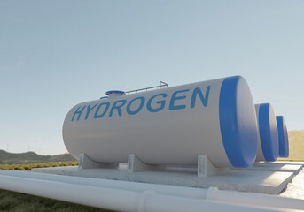 hydrogen fuel gas tank with blue sky and mounttain on background, renewable energy technology. 3d...