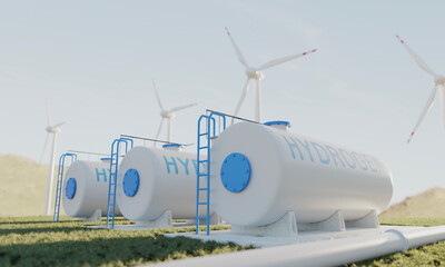 Fototapeta premium hydrogen fuel gas tank with blue sky and mounttain on background, renewable energy technology. 3d illustration.