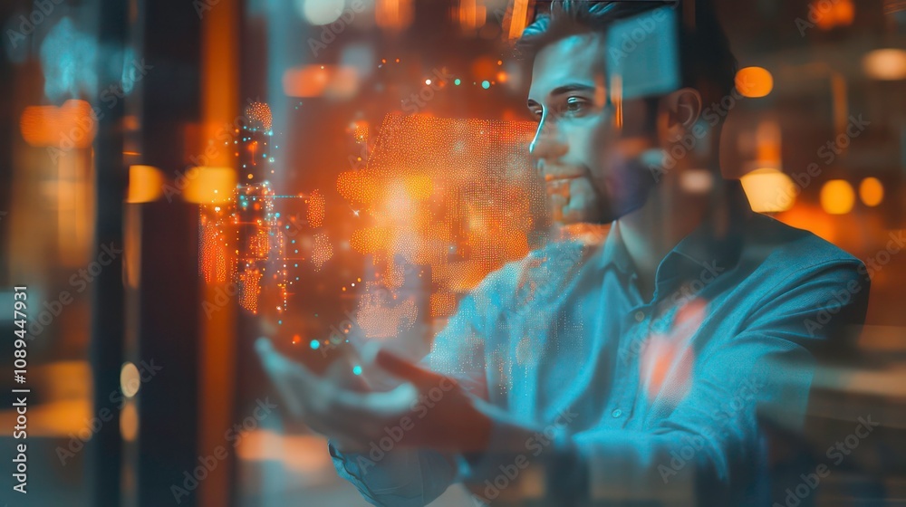 Poster a business consultant showcasing a holographic swot analysis to client business holograms, blurred b