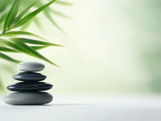 Serene stacked stones with bamboo leaves.