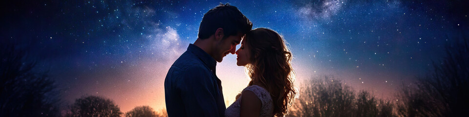 Obraz premium Rustic Rural Romance: A young couple embraces under a starry night sky, their cheeks flushed, set against a quaint countryside backdrop.