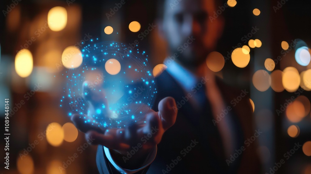 Poster a businessman holds a glowing blue sphere of connected dots in his hand, representing a network or a