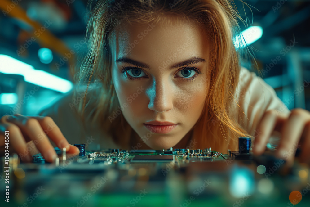 Poster female engineer diligently inspecting a semiconductor in a modern lab setting