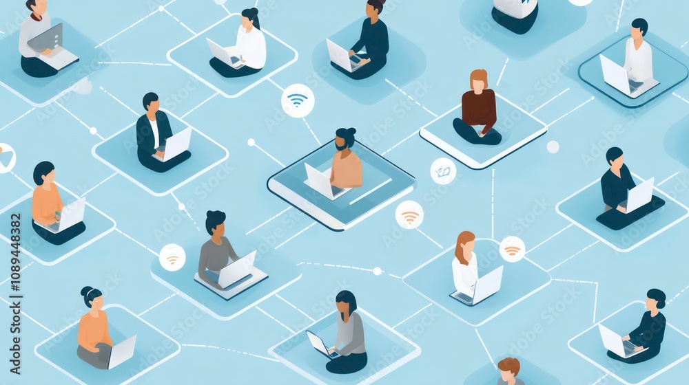 Fototapete diverse group of people connected by a network of lines and wifi symbols, all using laptops while si