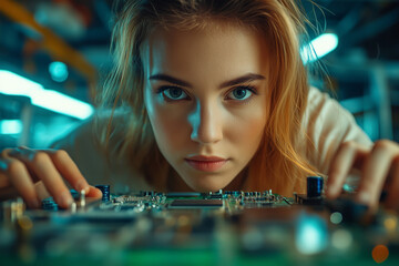 Female engineer diligently inspecting a semiconductor in a modern lab setting