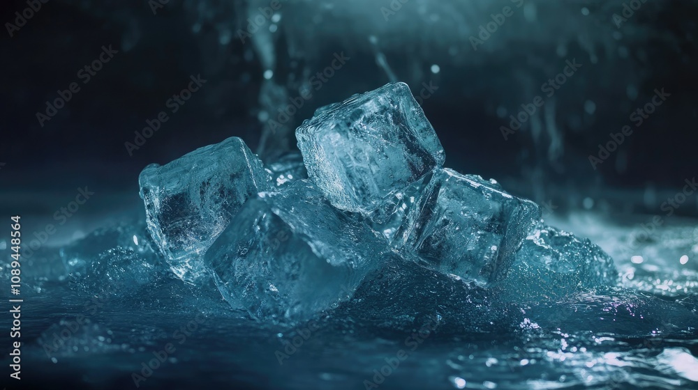 Wall mural Pile of glistening ice cubes on a dark background, capturing the fresh, cool essence of frozen water.