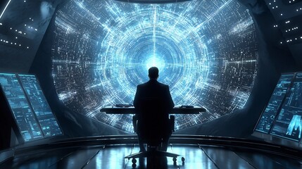 Businessman in a futuristic corporate boardroom analyzing a holographic projection of ethics principles surrounded by data driven compliance and governance visuals on a high tech digital interface