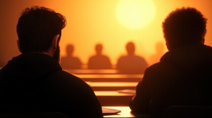 students engaged in learning with a warm sunset glow