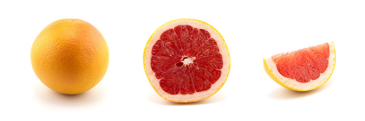 Grapefruit isolated. Pink grapefruit with leaf. Grapefruit whole, slice, half on white. Grapefruit set isolate. With clipping path. Full depth of field.