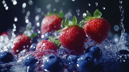 Red strawberries and blueberries in water splashes, vivid colors and droplets standing out against a dark background.