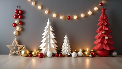 Decoración Navideña Minimalista Un fondo limpio y elegante con esferas navideñas metálicas en tonos dorado, rojo y blanco, dispuestas simétricamente sobre una superficie de mármol o madera clara