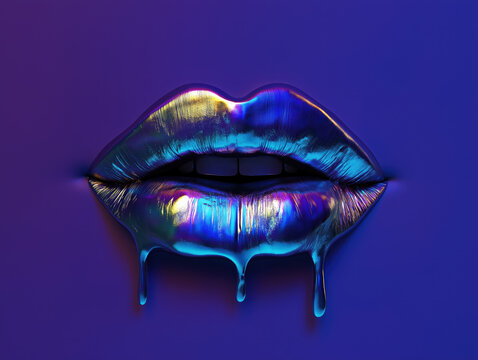 Iridescent lips with chrome dripping, holographic,  close-up in in vibrant neon light