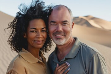 Portrait of a blissful multicultural couple in their 40s donning a classy polo shirt while standing against serene dune landscape background