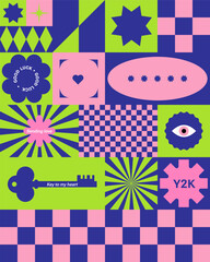 Trendy Geometric Y2k composition. Maximalism style. Simple Abstract shapes. Vector Pattern. Checker board print, Retro elements. Flat design. Bright colors and funky typography. Vector illustration