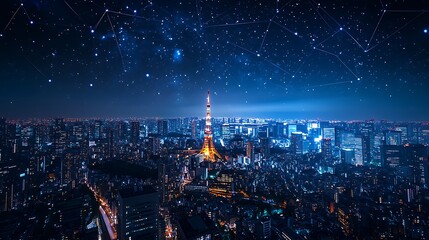 A wide shot of Tokyo at night city lights glowing