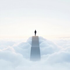 a person standing on a staircase leading to the sky above the clouds