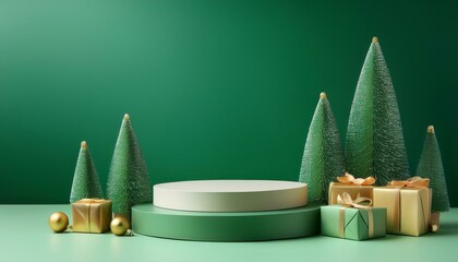 colorful christmas gifts green backgrounds podium stand festive holiday scene