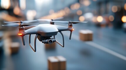 Drone network delivering packages in a futuristic urban environment with a visual overlay showcasing the seamless 5G enabled coordination and analytics that power the logistics