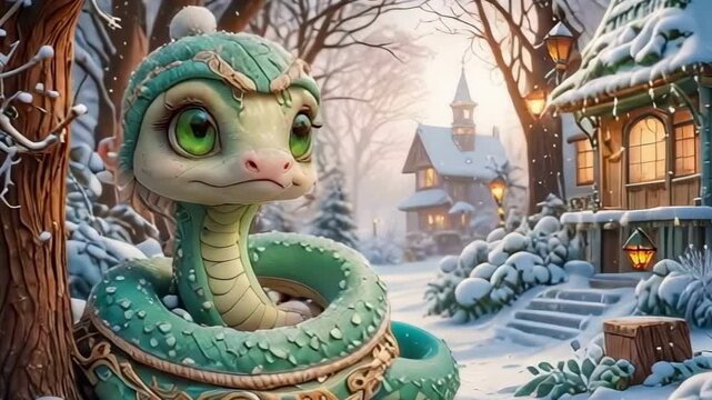 Portrait of a green snake in a Santa hat, Symbol of the year according to the Eastern calendar.