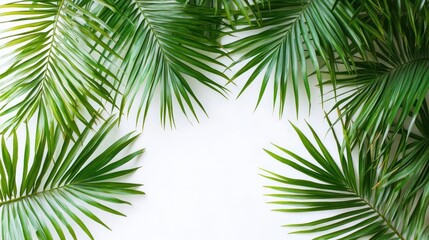 Fototapeta premium Lush green palm fronds frame white background.
