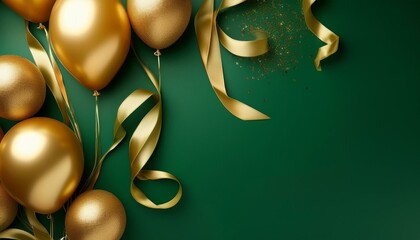 holiday card with golden balloons and ribbons on a green background