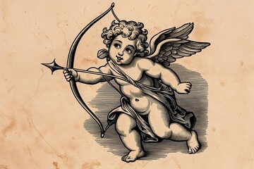 Fototapeta premium Cherub Cupid Engraving Art with Bow and Arrow for Valentine's Day Decor