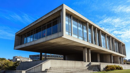Fototapeta premium Sleek concrete building with large glass windows and geometric design against a bright blue sky, symbolizing urban innovation.