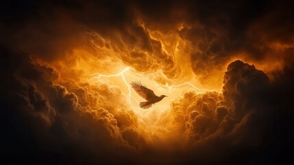 Majestic Bird Soars Through Dramatic Stormy Skies Illuminated by Golden Lightning