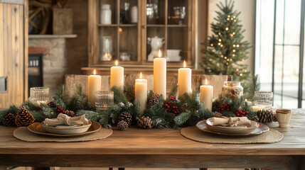 A cozy, festive dining table adorned with candles, greenery, and holiday decorations, perfect for a warm seasonal gathering.