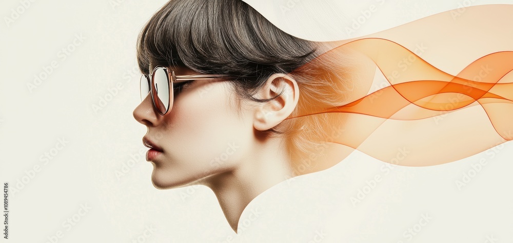 Poster double exposure photography fusion concept. A profile of a stylish person with sunglasses, surrounded by flowing abstract waves, creating a dynamic and artistic visual effect.