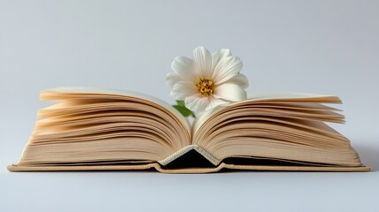 Open book with white flower marking page