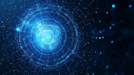 Cosmic atom icon with glowing interconnected orbits and sparkling particles set against a sleek polygonal blue technology background perfect for nuclear physics molecular science