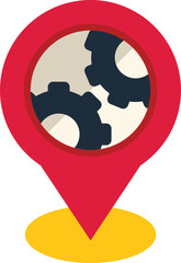 Red location pin showing working cogwheels inside, concept for finding technical service or repair shop